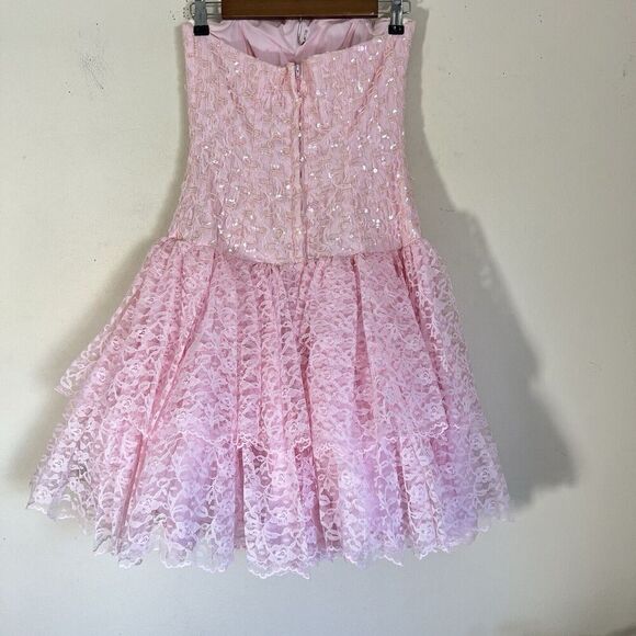 Vintage Lauralie Womens Dress Size 8 Pink Lace Tiered Sequins Barbie Core Tulle - Picture 3 of 6